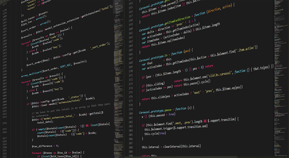 A close-up image displaying a computer screen filled with lines of code in various colors, including yellow, pink, blue, and white on a dark background. The code appears to be related to web developme